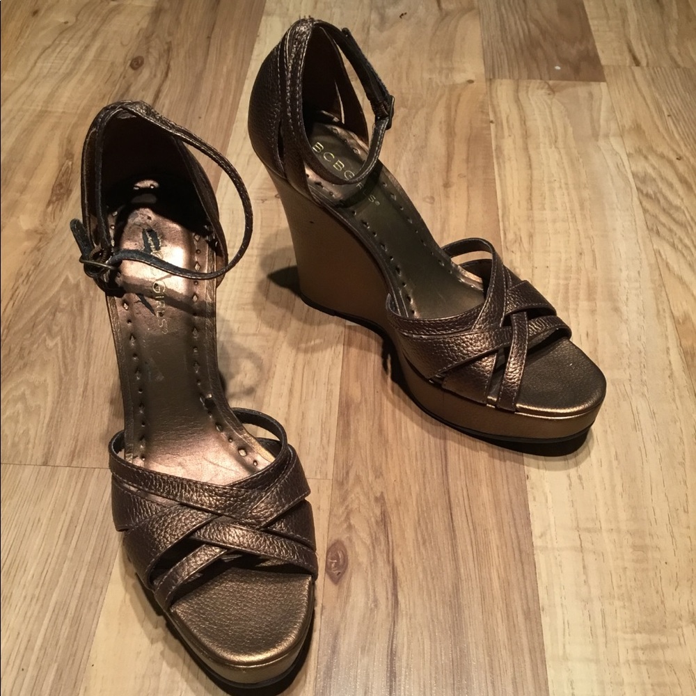 BCBG Gold ankle strap wedge